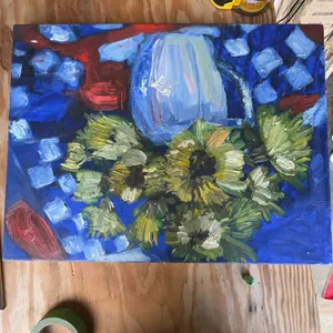 Oil on Canvas Still Life Painting With Vase and Sunflowers Blue Checkered Background