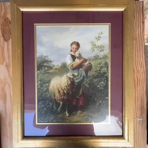 Framed Print of Girl with Lambs, Gold Frame, Matted, 24" x 20" Overall Size