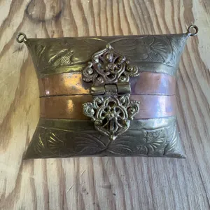 Vintage Brass and Copper Hinged Trinket Box with Red Velvet Lining