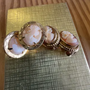 Vintage 12K GF Cameo Clip-On Earrings and Brooch Set, Signed