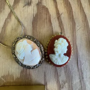 Vintage Cameo Locket Necklace and Red Cameo Pendant Brooch Set