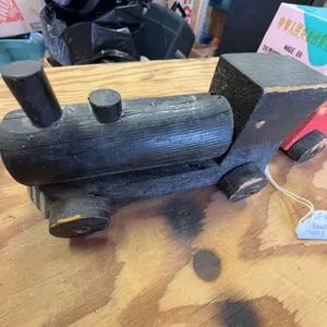 1930 Handmade Wooden Toy Train Black Locomotive and Red Car