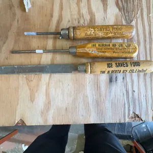3 Vintage ALBERTA ICE CO. LTD Wood Handle Tools, Advertising Slogan Imprint