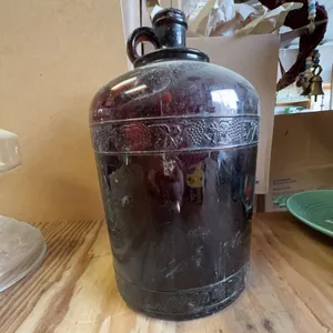 Vintage Canadian Glass Jug With Ornate Band, 13 Inch Tall Made in Canada Marked Base