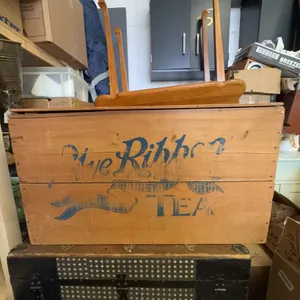 Vintage Blue Ribbon Tea Wooden Crate Chest Red Label Stencilled Advertising Box