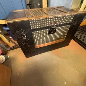 Antique Steamer Trunk With Black Metal, Wood Slats, Checkered Pattern, Swan Label