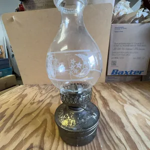Vintage Metal Base Oil Lamp with Etched Glass Chimney Moon and Stars