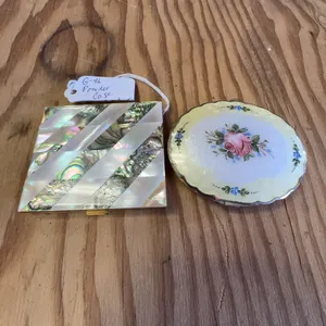 Mother of Pearl and Guilloche Enamel Powder Compacts, Floral and Abalone Design