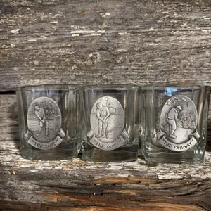 3 Golf-Themed Square Glasses with Pewter Medallions: Sand, Putt, Fairway