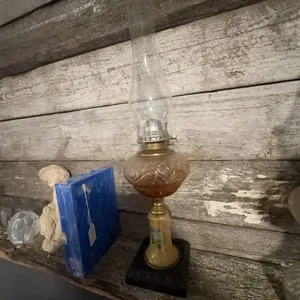Antique Glass Oil Lamp with Embossed Floral Font and Painted Floral Stem on Square Base