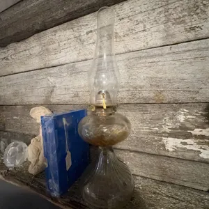 Antique Made In USA Clear Glass Oil Lamp with Brass Burner and Chimney