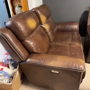 Brown Leather Power Reclining Loveseat With Contrast Stitching