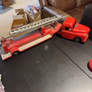 Vintage Red Metal S.F.D. Fire Department Toy Ladder Truck Mid-20th Century