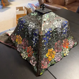 Stained Glass Lamp Shade and Metal Base With Rose and Floral Mosaic Design