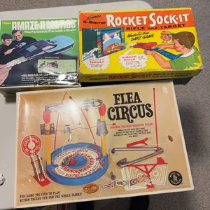 3 Vintage Board Games: Flea Circus, Rocket Sock-It, and Amaze-A-Matics