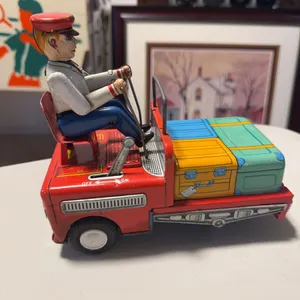 Tin Lithographed Wind-Up Toy Truck with Driver and Luggage Rack