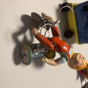 Vintage Tin Wind-Up Tricycle Toy Boy Rider with Key Mechanism, Lithographed Details