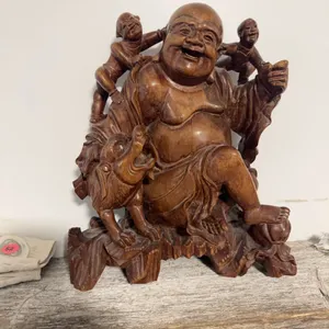 Carved Wooden Laughing Buddha With Children And Dog Figure