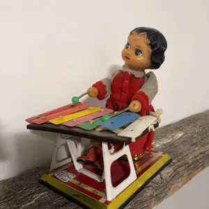 Celluloid Wind-Up Xylophone Toy Figure in Red and Grey Outfit, Japan
