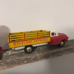Overland Express Tin Toy Truck Red and Yellow with Open Bed Sides