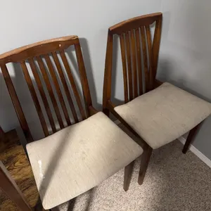4 Wooden Dining Chairs With Slatted Backs and Beige Upholstered Seats