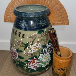 Asian-Inspired Ceramic Jar, Bamboo Fan, Chopsticks, and Holder