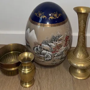 Three Brass Vases and Bowl Plus Hand-Painted Ceramic Decorative Egg