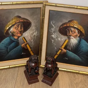 Pair Framed Oil Paintings and Foo Dog Figurines, Signed, Bamboo-Style Frames