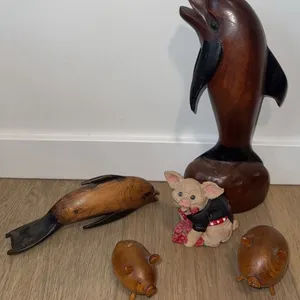 Wood Animal Figurines and Painted Pig Figure Group