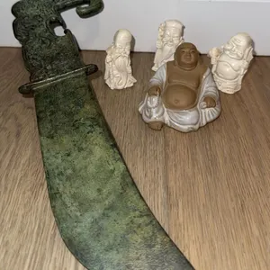 Bronze-Style Decorative Dagger and Three Ceramic Figurines