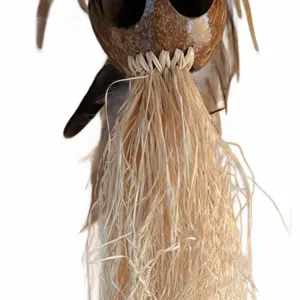Decorative Coconut and Straw Bird Sculpture with Real Feathers