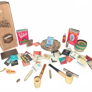 Smoker's Collection With Tins, Corn Cob Pipes, Lighters, Matchbooks, Ashtray