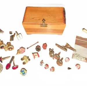 Jewelry and Collectibles Lot With Wood Box, Cufflinks, Pins, Necklaces, Misc. Items