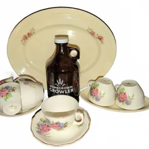 Staffordshire England 22KT Gold Tea Cups, Saucers and Worth Awaits Platter Set