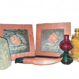 2 Portrait Paintings, Normark Knife, Bottles, Rock on Wood Shelf