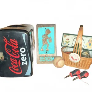 Lot: Coca-Cola Zero Mini Fridge, Basket, Baseball, Sign, Lantern, Tools