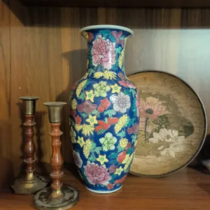 China Floral Enamel Vase, Pair Of Brass And Wood Candlesticks, Wood Floral Tray Group