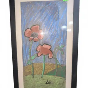 Framed Pastel Flower Artwork Signed AP With Stand, 26x14 cm