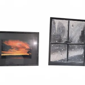 Framed Sunset Photograph and Black-and-White Rain Window Art Pair