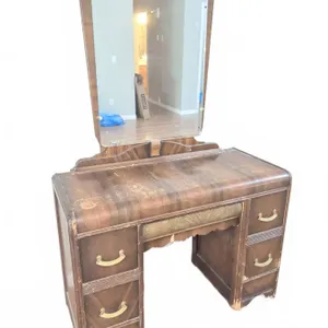Wooden Vanity Dresser With Mirror, Four Drawers, Brass Handles, Wear To Finish
