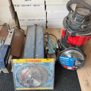 Ryobi 16" Scroll Saw, Makita Belt Sander, Shop-Vac, Toolbox with Tools & 10" Saw Blades