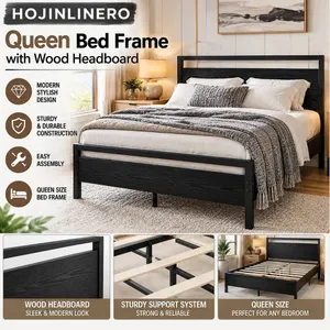 HOJINLINERO Queen Bed Frame with Wood Headboard,Black Bed Frame Queen Size