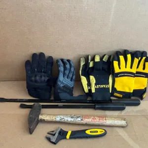 (3) Paris of Work Gloves, Stanley Adjustable Wrench, Hammer and (2) Pry Bars