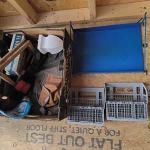 Assorted Workshop & Household Lot: Tool Belt, Metal Shelf, Organizers & Misc.