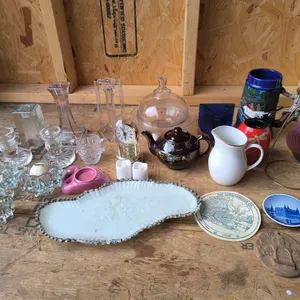Vintage Glassware & Collectibles Lot: Milk Glass Dish, Crystal Candlesticks, Teapots & Decor