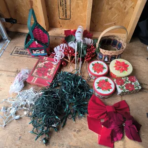 Christmas Holiday Decor Lot: Lights, Tins, Baskets, Bows & Crafts