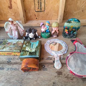 Vintage Home Decor & Novelty Lot - Includes Angel Figurine, Decorative Tins, Hand Mirror, & Leather