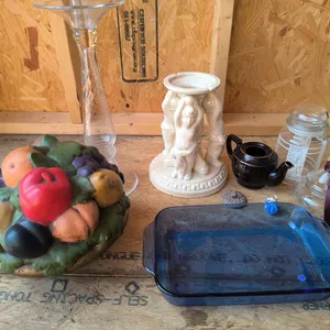 Home Decor & Glassware Lot: Ceramic Fruit Topiary, Cherub Pedestal Vase, Pyrex, & More