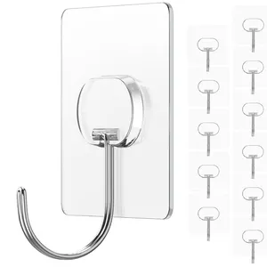 Adhesive Wall Hooks No Drill Large Clear Heavy Duty,13LB Sticky 12 Pack - New