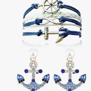 2 Pcs Anchor Earring Bracelet Set,Dainty Navy & White Nautical Jewelry New